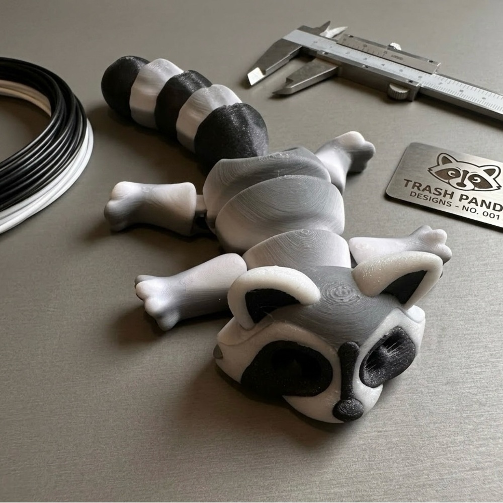 3D Printed Articulated Raccoon | Flexi Trash Panda Fidget Toy Gray Black White